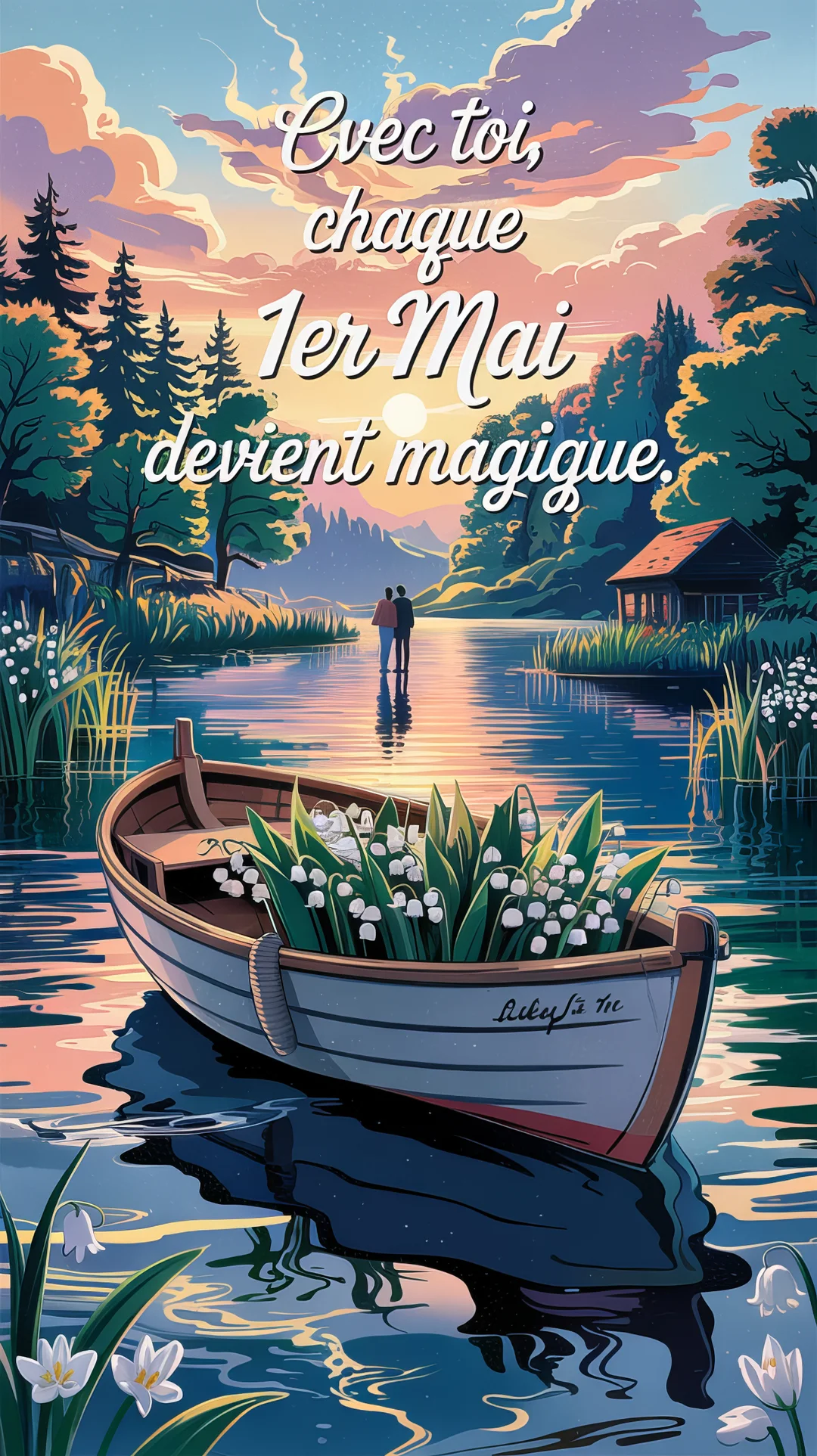 Une illustration romantique d'un couple près d'un lac au crépuscule, avec une barque pleine de muguet au premier plan de la scène.