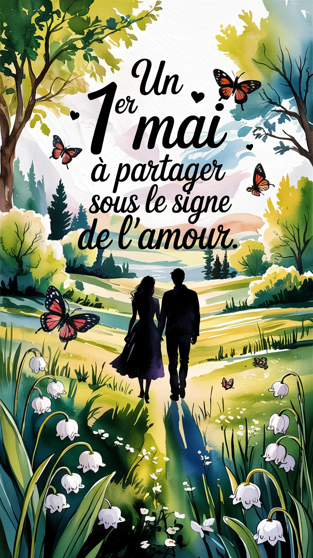 Une illustration de style aquarelle montrant un couple en silhouette marchant main dans la main dans un champ fleuri de muguet et de papillons.