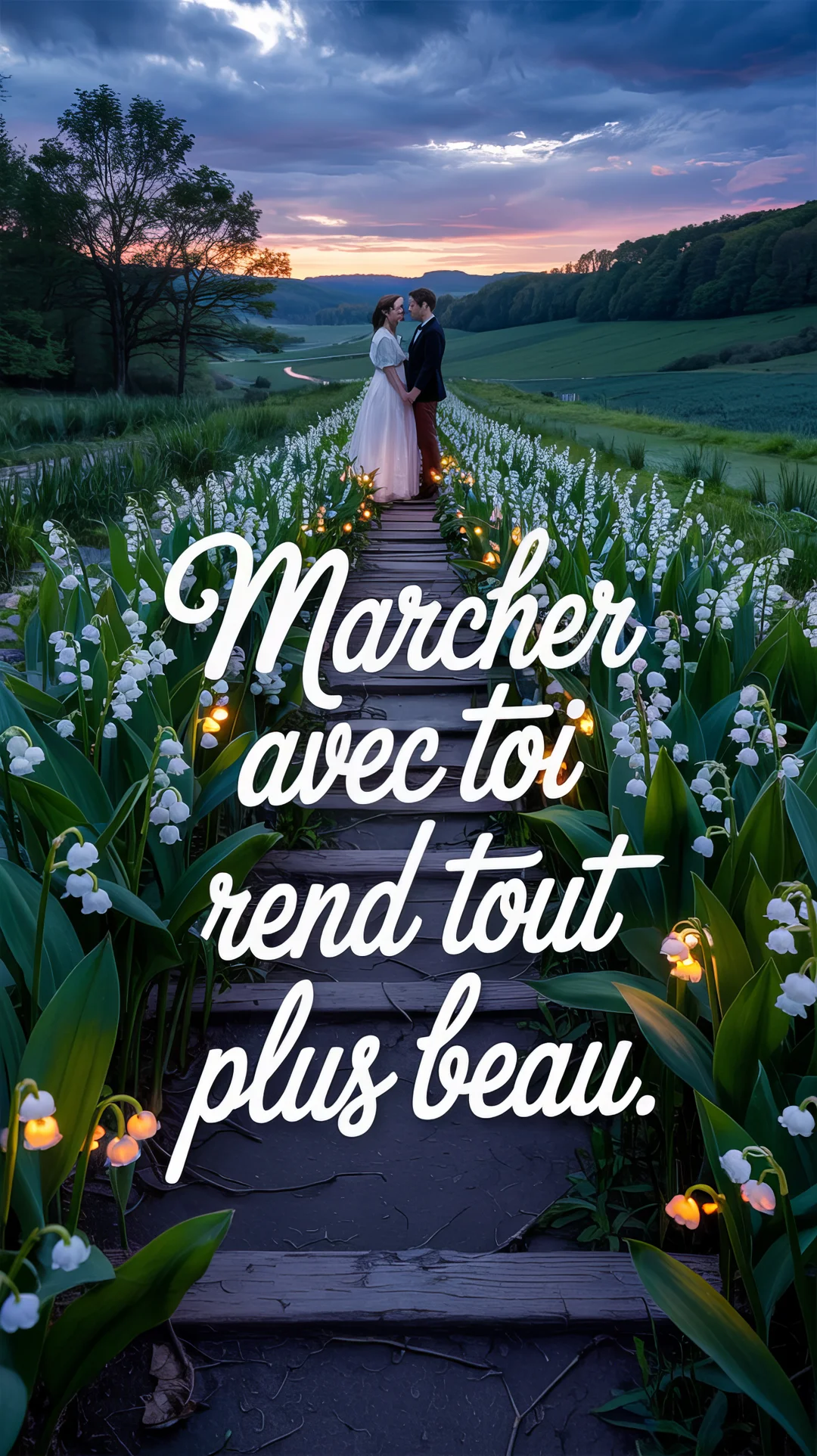 Un couple en tenues de cérémonie se tient la main sur un sentier bordé de muguets éclairés, avec une vallée verdoyante au crépuscule.