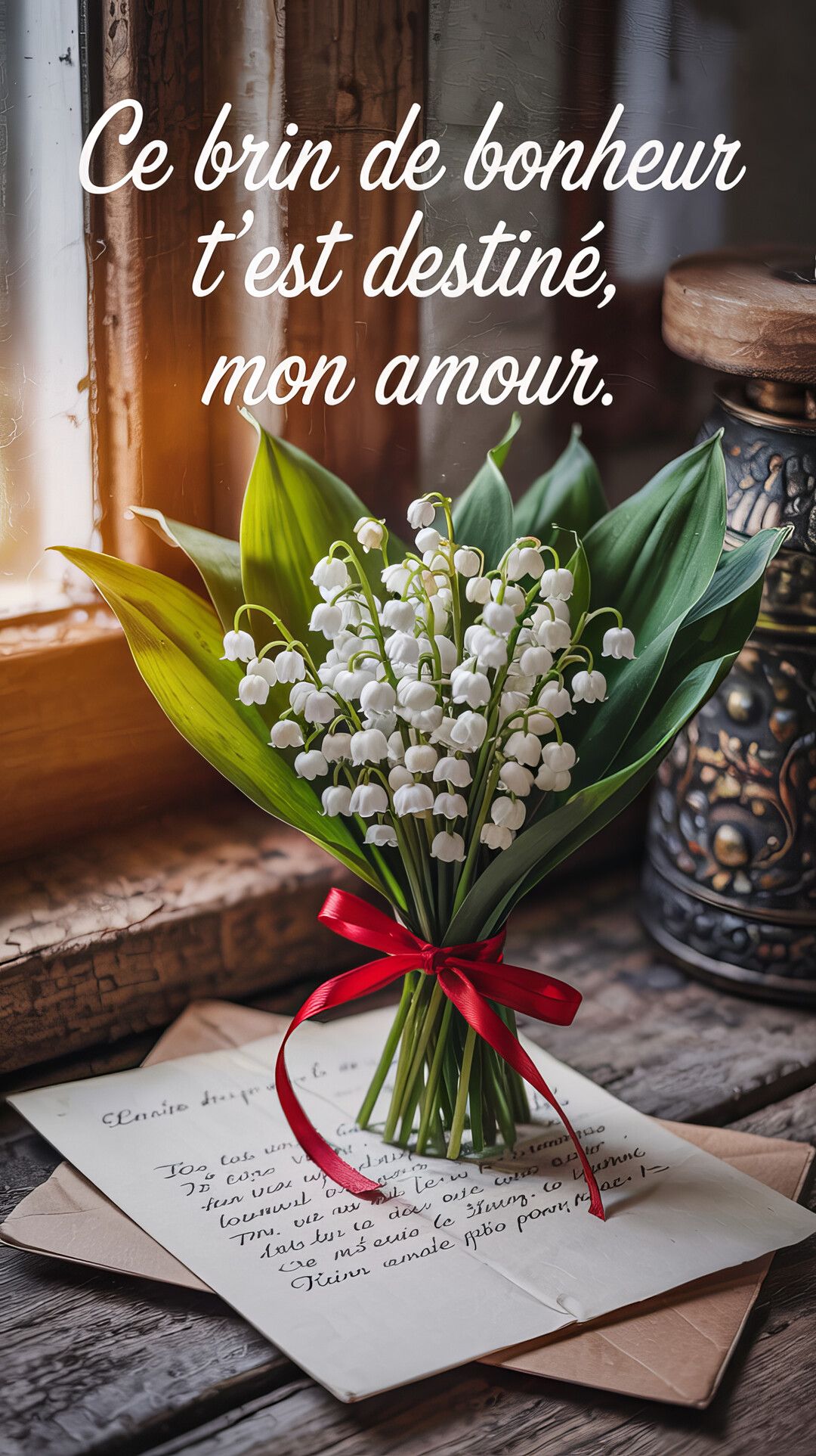 Un bouquet de muguet noué d'un ruban rouge est posé sur une lettre manuscrite, près d'une fenêtre à la lumière douce.