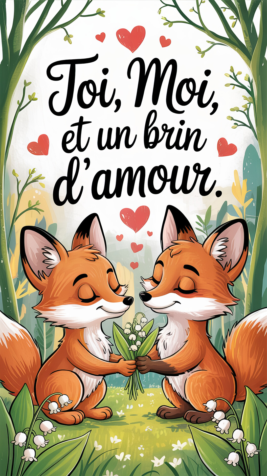 Deux renards de dessin animé se font face avec tendresse, tenant ensemble un bouquet de muguet dans un décor de forêt printanière.