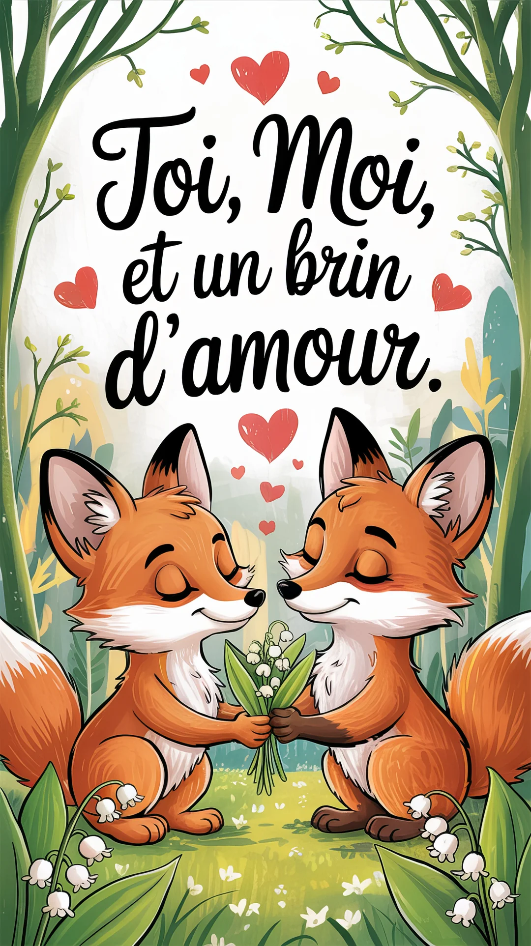 Deux renards de dessin animé se font face avec tendresse, tenant ensemble un bouquet de muguet dans un décor de forêt printanière.