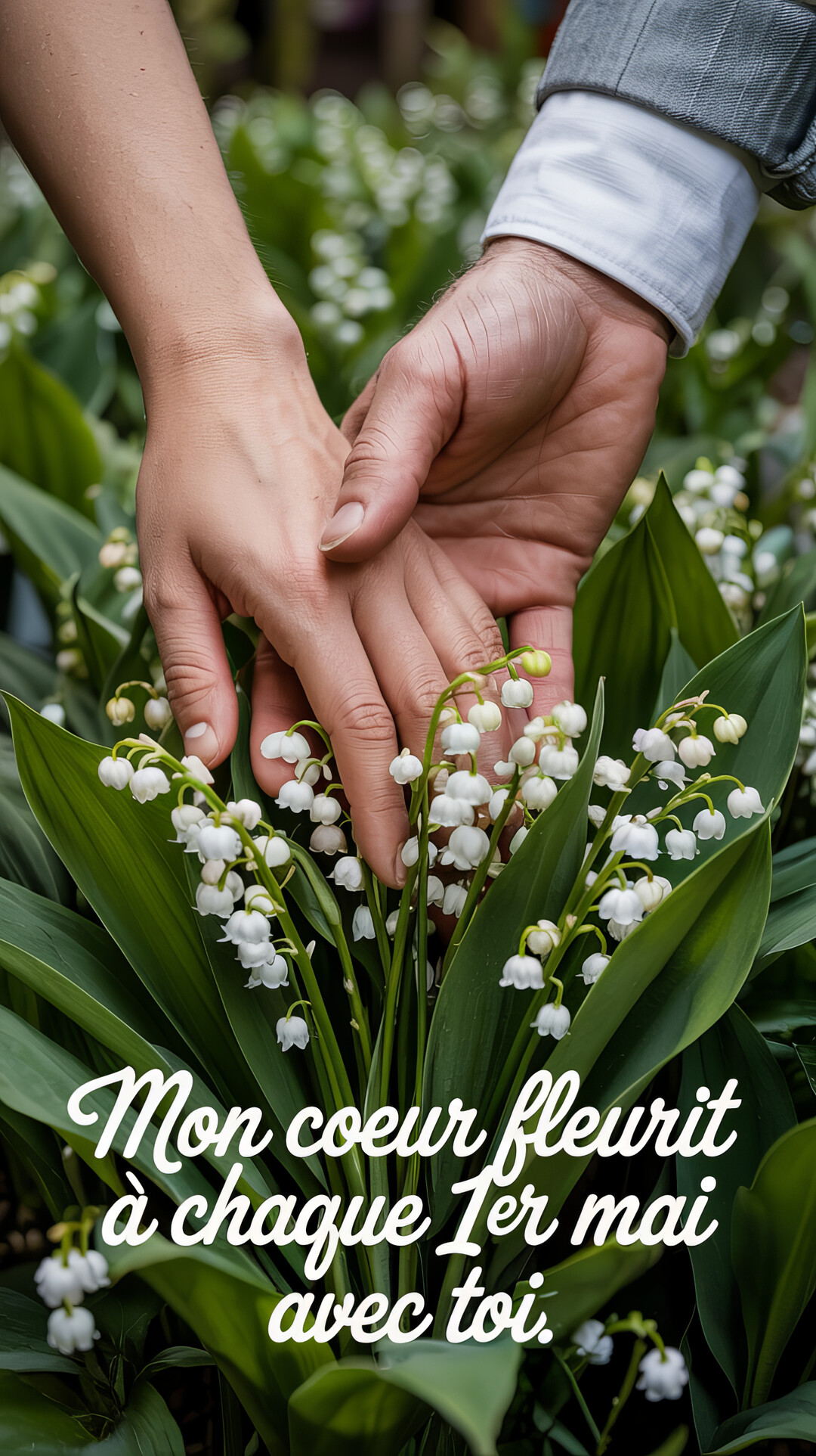 Plan rapproché des mains d'un couple s'effleurant au-dessus d'un parterre de muguet en fleurs, symbolisant l'amour et le renouveau du printemps.