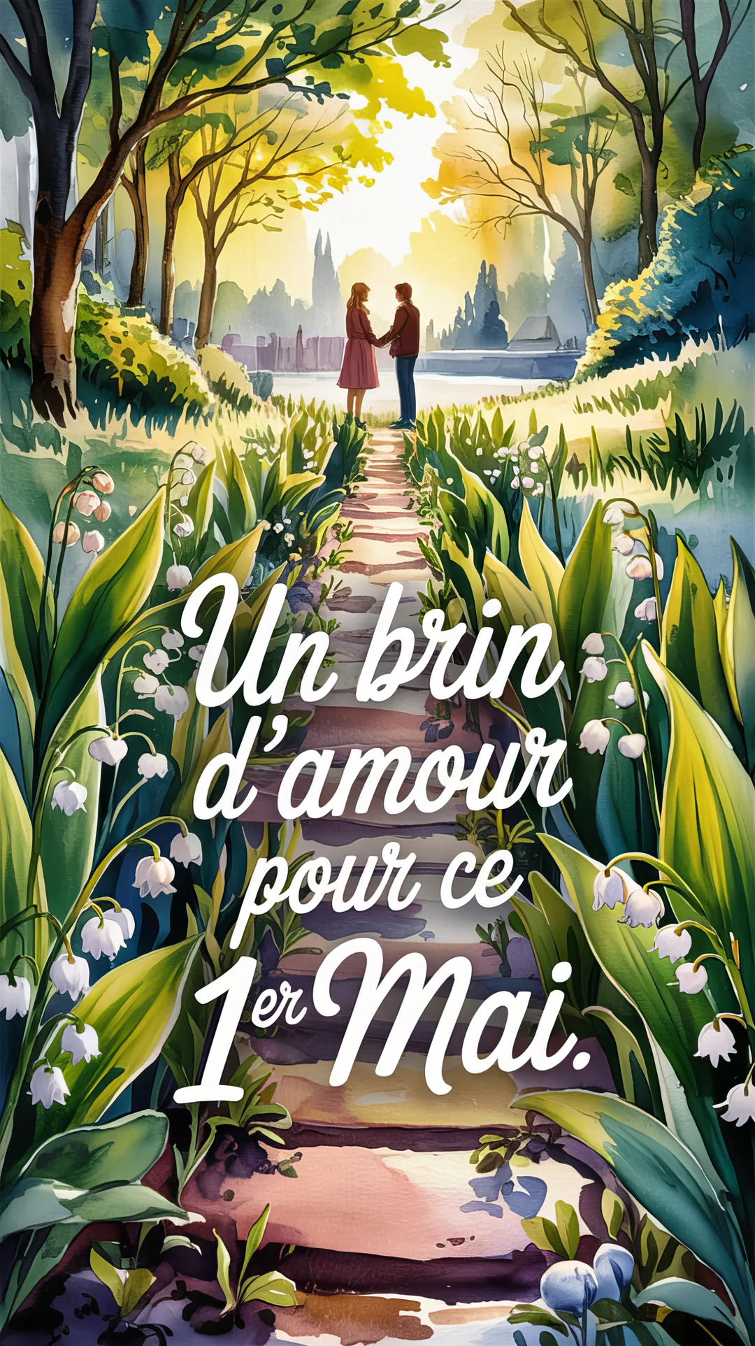 La carte représente une illustration à l'aquarelle d'un couple dans un parc verdoyant, entouré de muguet, sous une lumière dorée printanière.