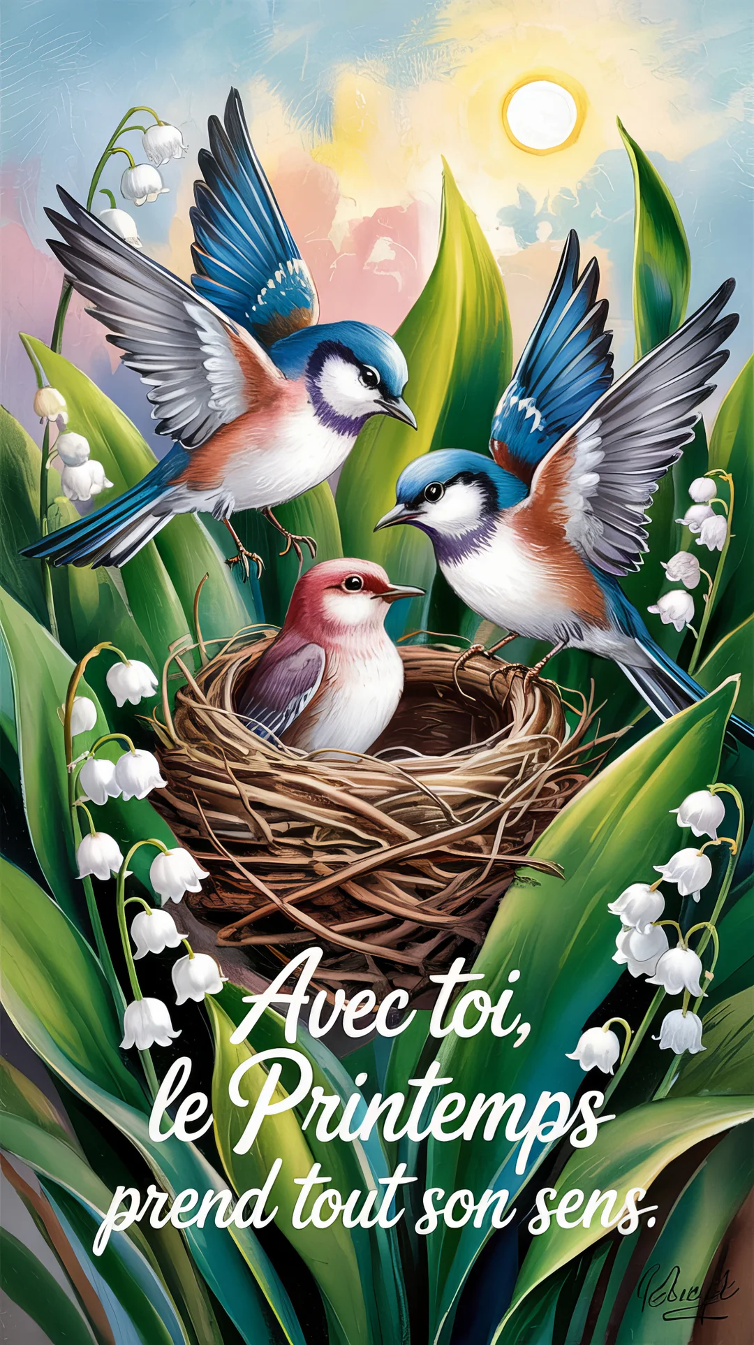 Une scène printanière illustrée montre une famille de trois oiseaux, dont un dans un nid, tendrement entourés de muguet sous un soleil doux.