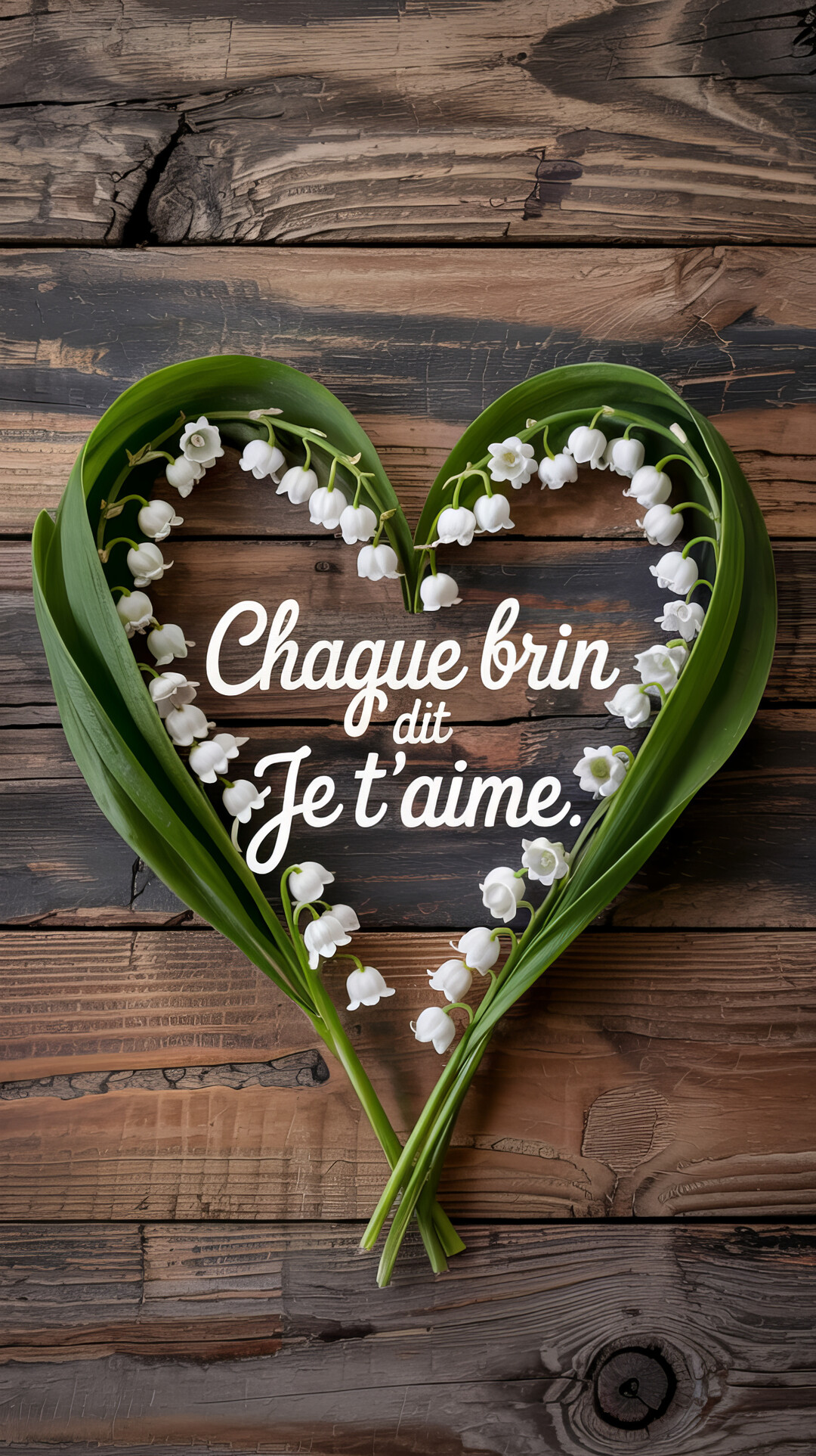 Sur des planches de bois sombre, deux brins de muguet frais forment un cœur, encadrant le message d'amour 'Chaque brin dit Je t'aime'.