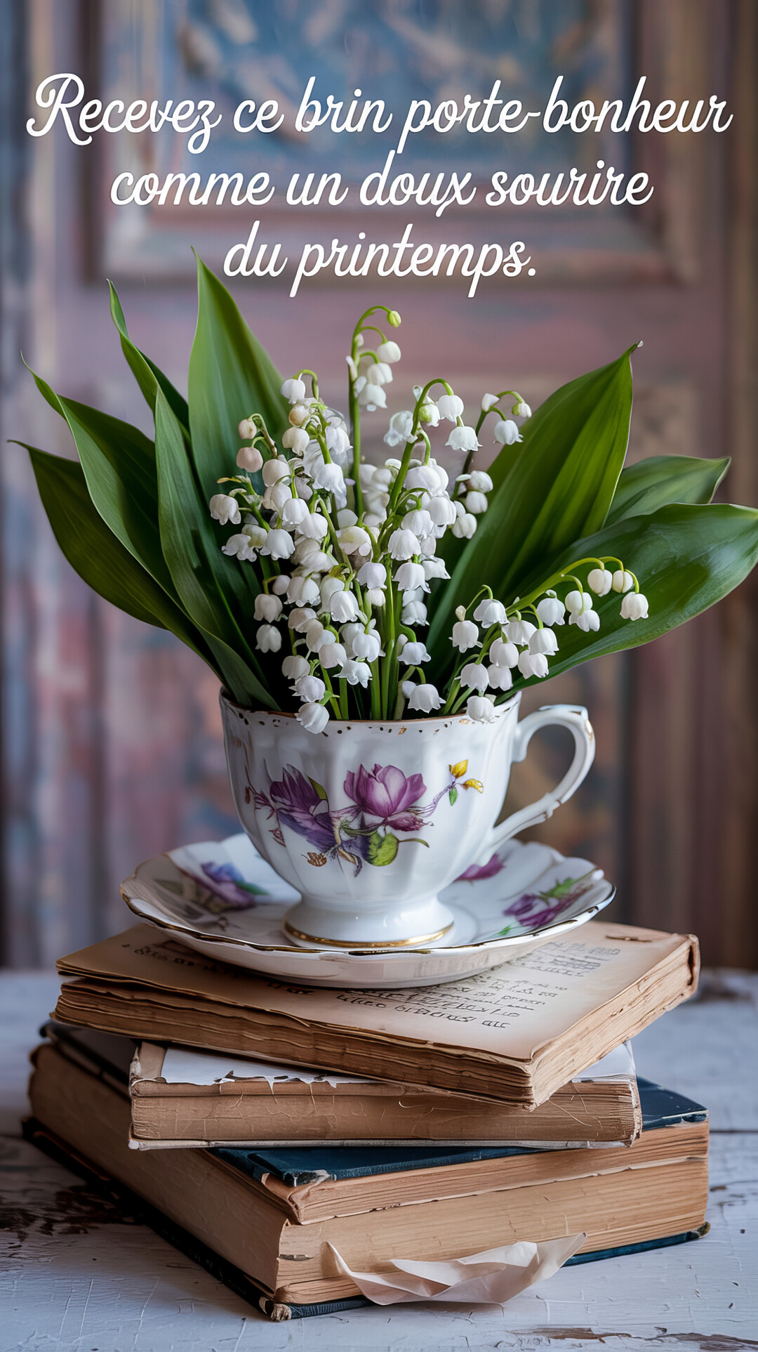 Une composition de style vintage montre un bouquet de muguet dans une tasse fleurie, posée sur une pile de livres anciens.