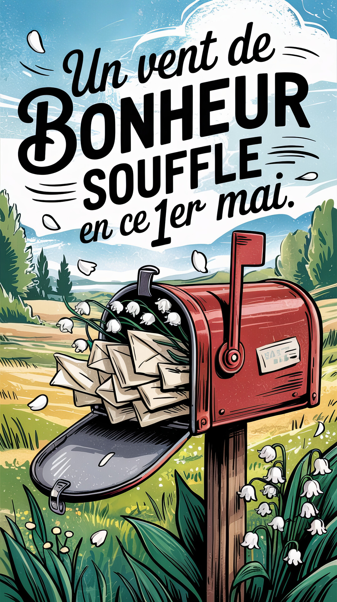 Une illustration d'une boîte aux lettres rouge ouverte, remplie d'enveloppes et de brins de muguet, dans un paysage de campagne venteux.