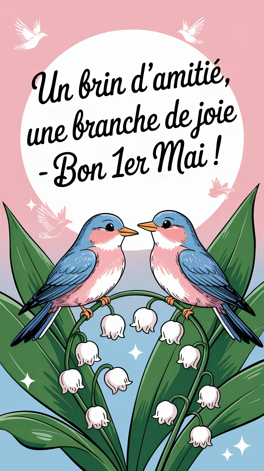 Deux oiseaux mignons, bleus et roses, sont perchés sur des brins de muguet fleuri, sous un ciel dégradé de bleu et rose.