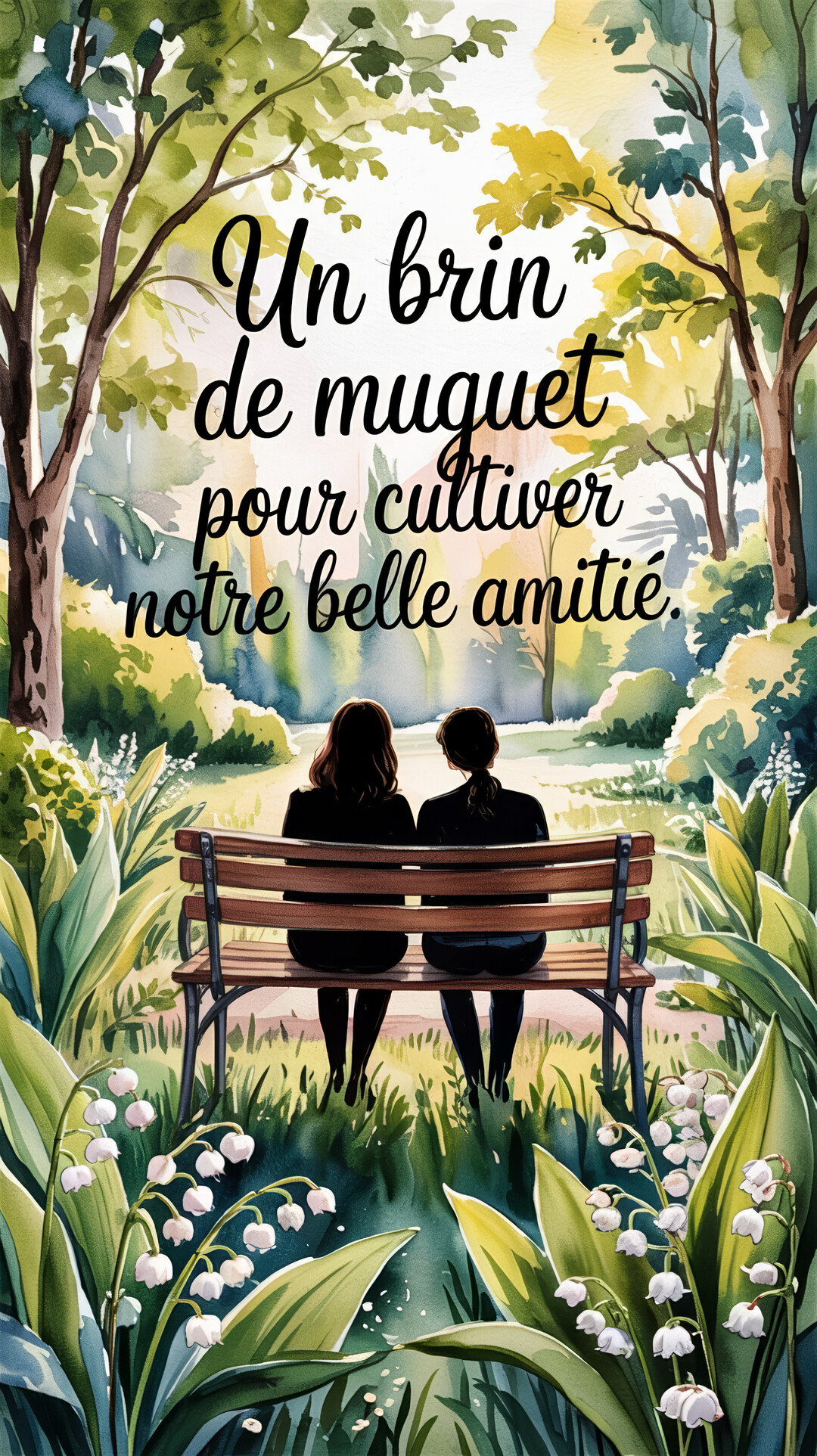 Deux femmes sont assises de dos sur un banc dans un parc verdoyant, entourées de fleurs de muguet au premier plan.