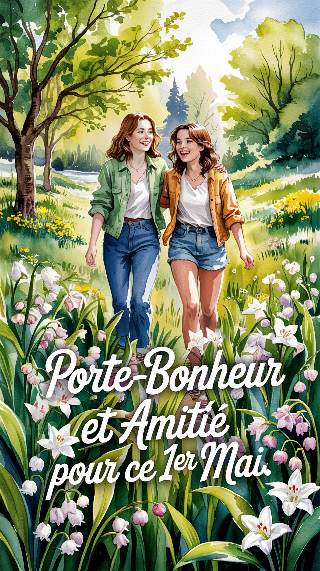 Une illustration à l'aquarelle de deux amies souriantes se promenant dans un paysage printanier verdoyant, avec des brins de muguet au premier plan.
