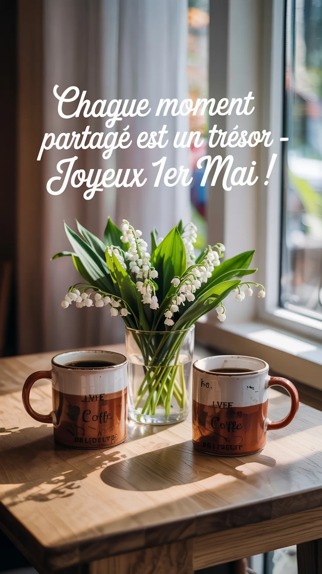Deux tasses de café sont posées sur une table en bois à côté d'un vase en verre contenant un bouquet de muguet porte-bonheur.