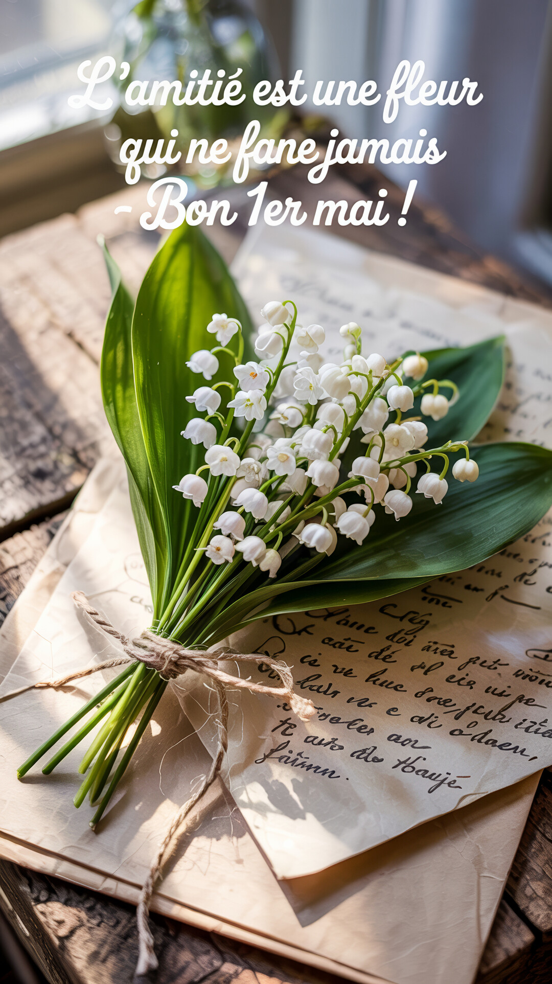 Un bouquet de muguet frais, noué par une ficelle, repose sur une vieille lettre manuscrite posée sur une table en bois ensoleillée.