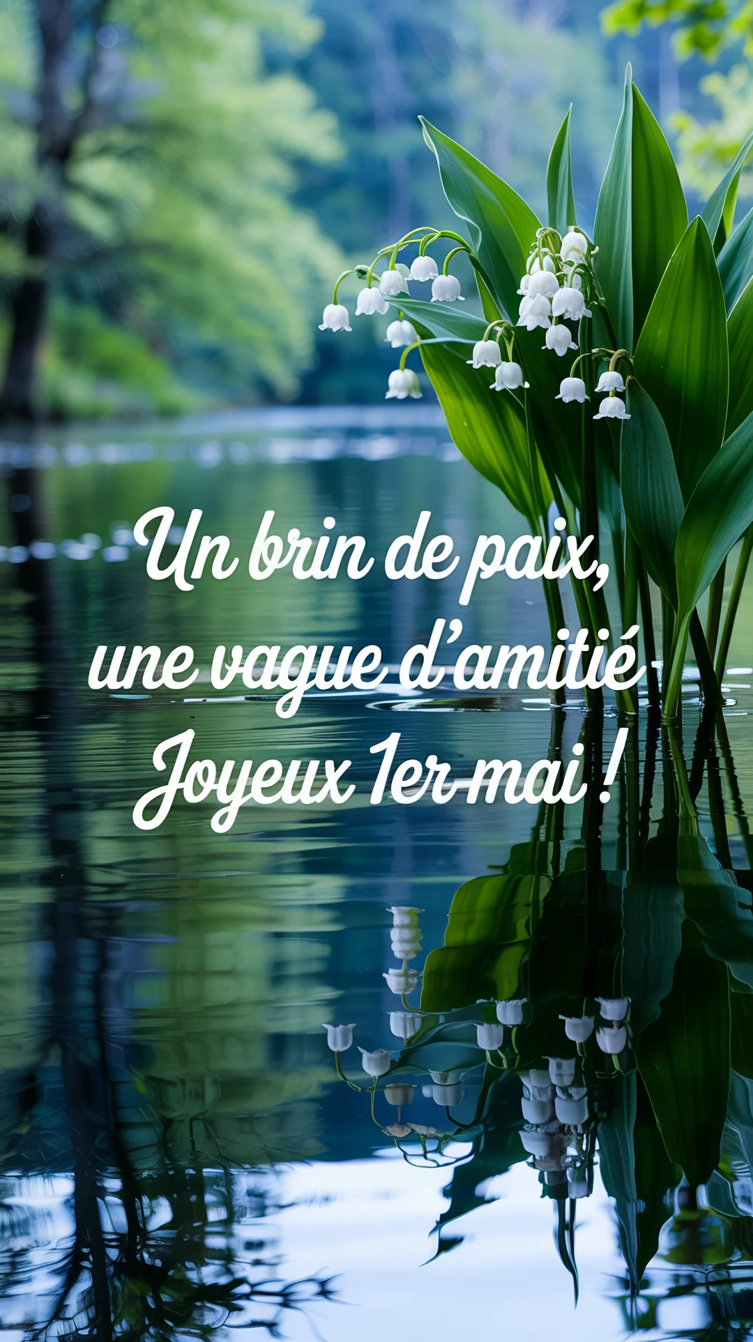 Un bouquet de brins de muguet blanc est posé dans une eau calme qui reflète ses fleurs, avec une forêt verdoyante en arrière-plan.