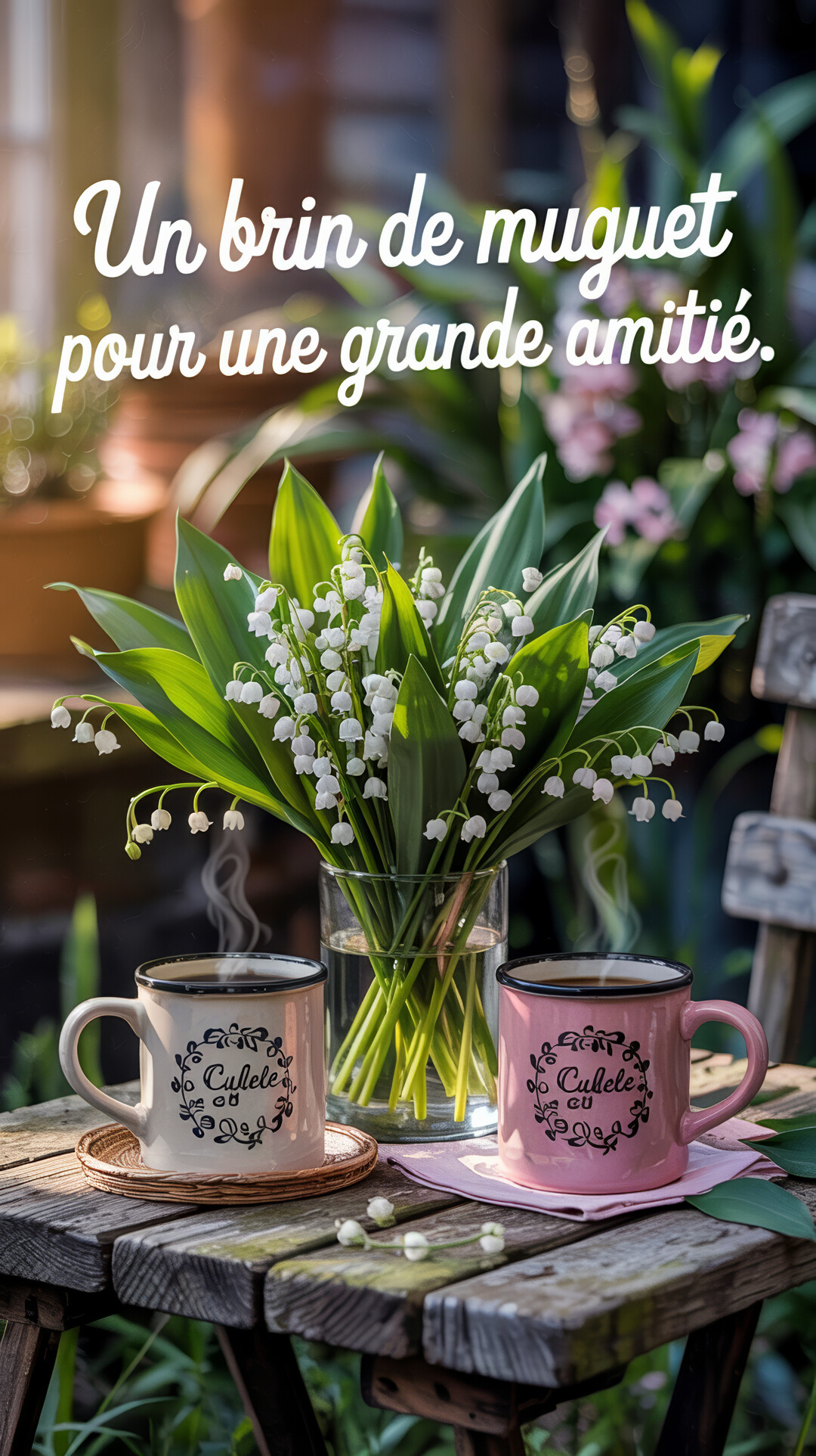 Sur une table en bois en extérieur, un bouquet de muguet dans un vase est accompagné de deux tasses de café, créant une scène chaleureuse.
