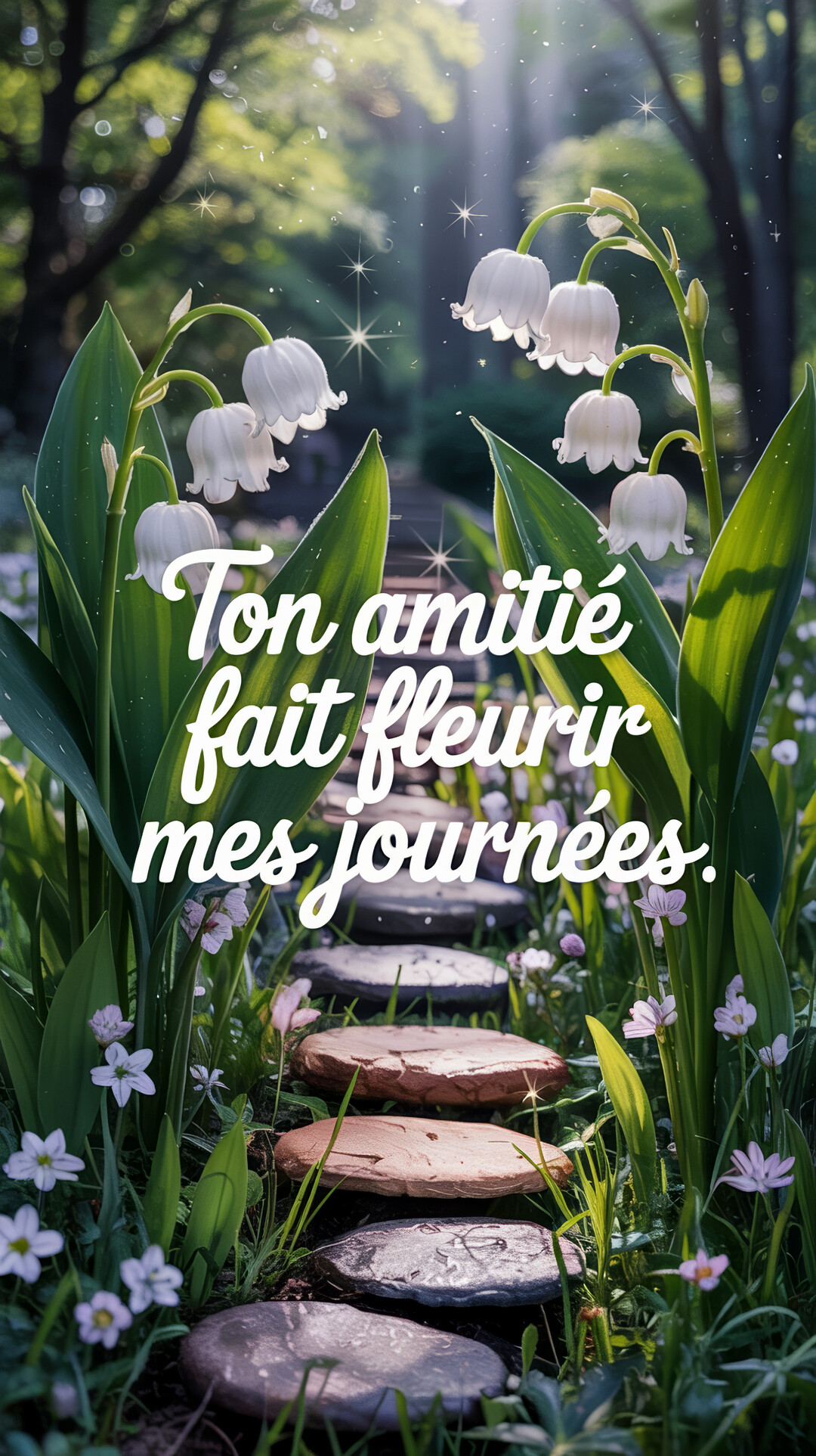 Une allée de pas japonais dans un jardin est bordée de brins de muguet en fleurs sous une lumière féerique et étoilée.