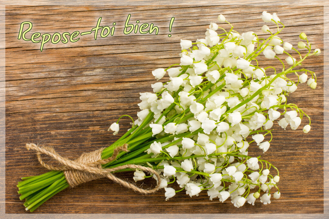 Vue de dessus d'un bouquet de muguet frais, lié avec une ficelle rustique, reposant sur des planches de bois texturées.