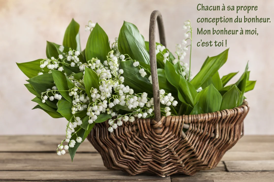 Un panier rustique en osier tressé, rempli de muguet frais avec ses clochettes blanches et ses feuilles vertes, est posé sur du bois.
