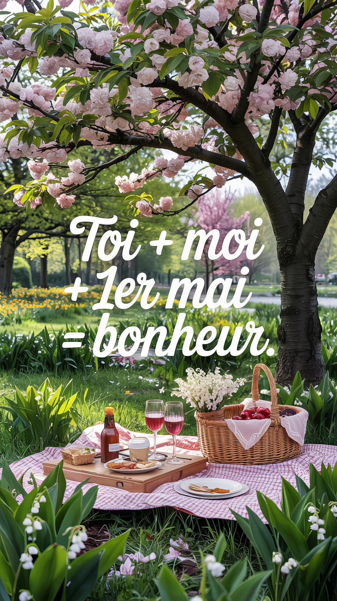 Une scène de pique-nique romantique dans un parc fleuri, avec du muguet et un cerisier en fleurs, illustre une carte du 1er Mai.