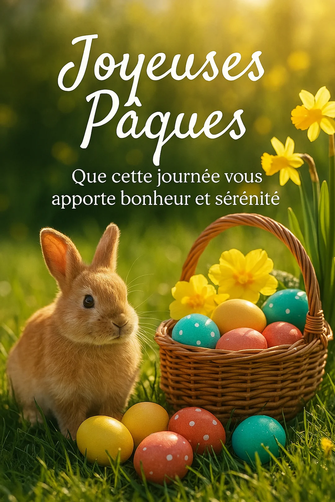 Un petit lapin roux est assis dans l'herbe à côté d'un panier rempli d'œufs de Pâques colorés, avec des jonquilles en arrière-plan.