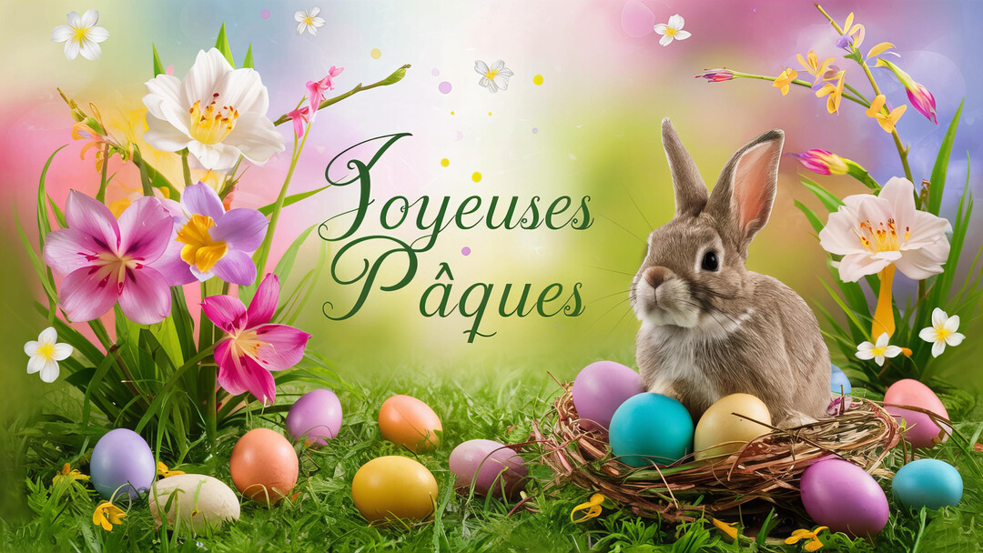 Une scène de Pâques montre un lapin près d'un nid d'œufs colorés, entouré de fleurs printanières sur un fond pastel.