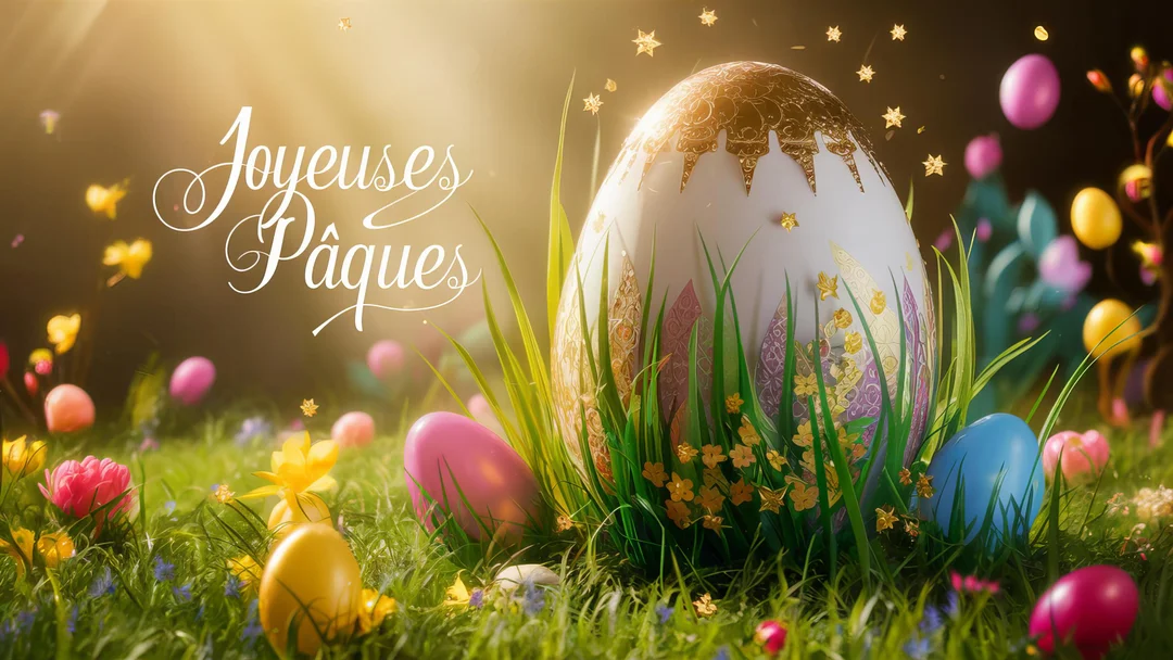 Une scène de Pâques féérique montre un grand œuf orné d'or au centre d'un champ d'herbe parsemé de fleurs et d'œufs multicolores.