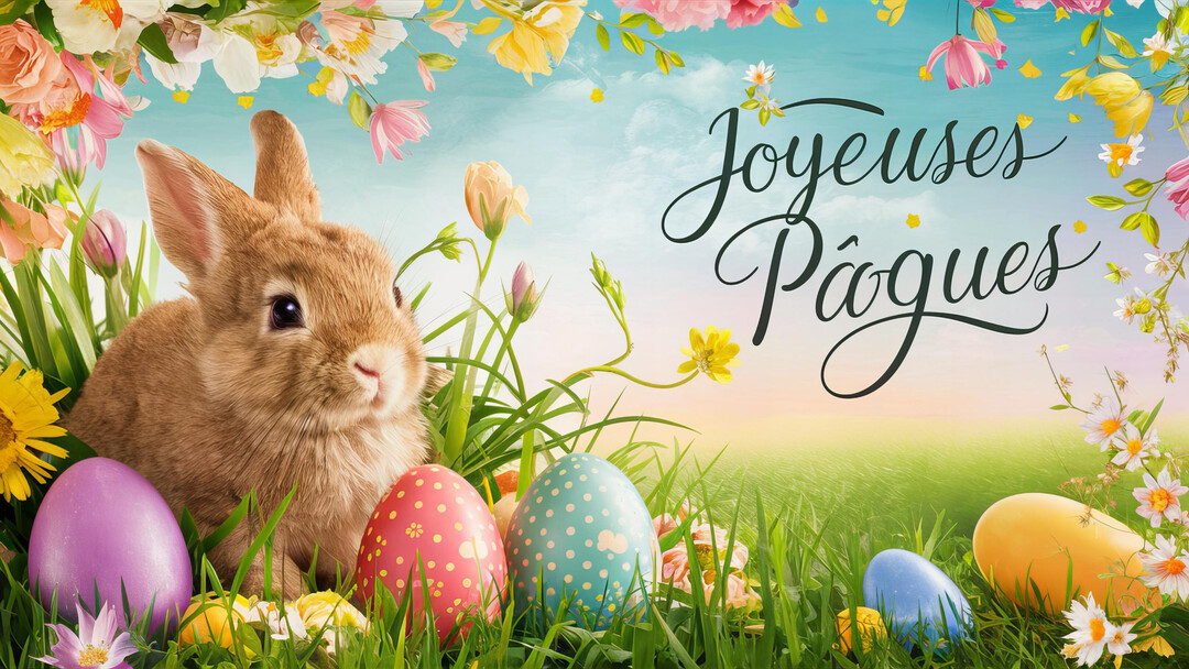 Un adorable lapin brun est assis dans l'herbe verte à côté d'œufs de Pâques multicolores, sous une guirlande de fleurs et un ciel bleu.