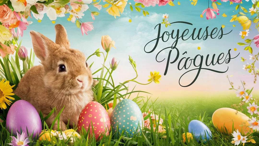 Un adorable lapin brun est assis dans l'herbe verte à côté d'œufs de Pâques multicolores, sous une guirlande de fleurs et un ciel bleu.
