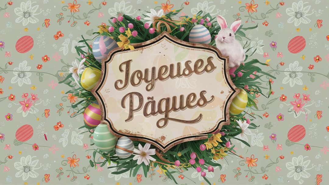 Une composition de Pâques de style vintage, avec un lapin blanc, des œufs décorés et des fleurs autour d'une pancarte 'Joyeuses Pâques'.