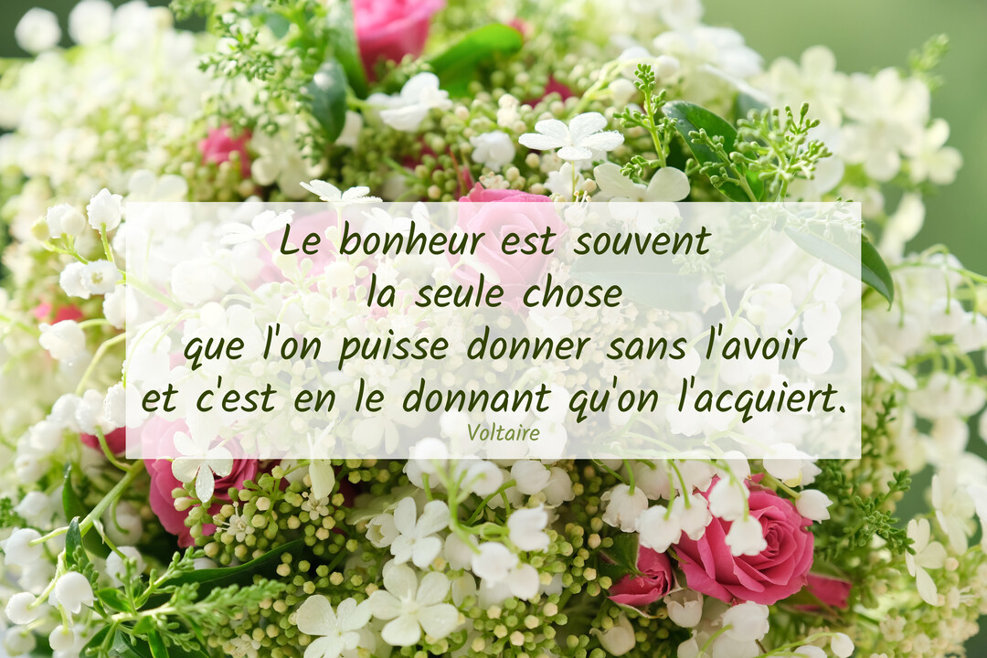 Un bouquet luxuriant de muguet blanc et de roses roses sur un fond vert, avec une citation de Voltaire superposée au centre.