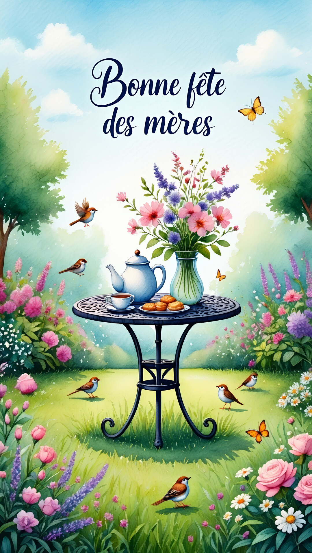 Une scène bucolique à l'aquarelle montrant une table de jardin avec un bouquet, entourée de fleurs, d'oiseaux et de papillons sous un ciel bleu.
