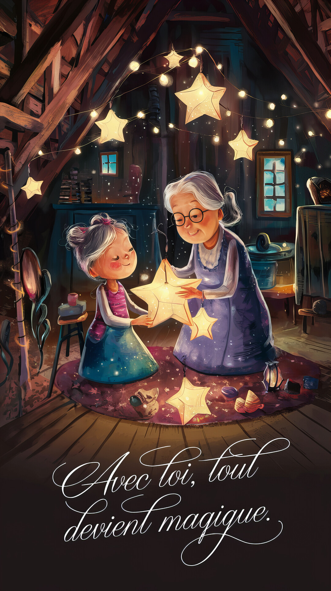 Une grand-mère et sa petite-fille sont assises dans un grenier en bois, se passant une grande étoile lumineuse au milieu de guirlandes.