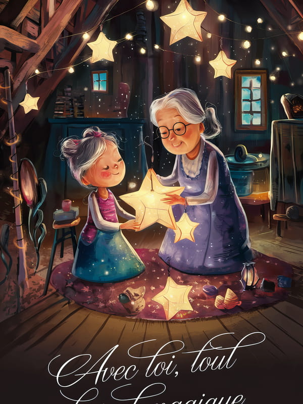 Une grand-mère et sa petite-fille dans un grenier, partageant un moment magique avec des étoiles lumineuses pour la Fête des Grands-mères.