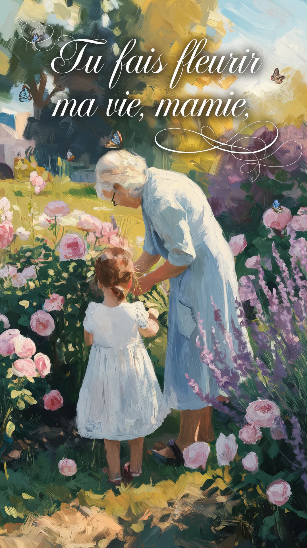 Dans un style impressionniste, une grand-mère aux cheveux blancs se penche vers sa petite-fille au milieu d'un jardin luxuriant rempli de roses roses.