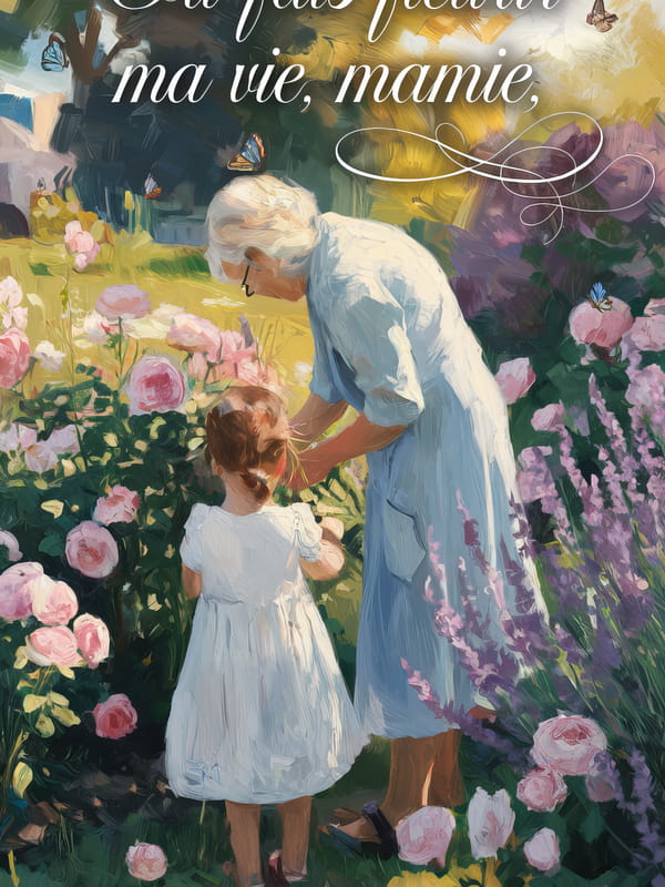 Carte pour la Fête des Grands-mères montrant une grand-mère et sa petite-fille dans un jardin fleuri avec le message 'Tu fais fleurir ma vie, mamie'.