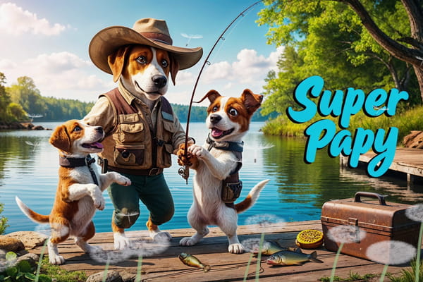 Carte pour la fête des grands-pères avec un chien 'Super Papy' en tenue de pêcheur, entouré de ses deux petits-chiens sur un ponton.