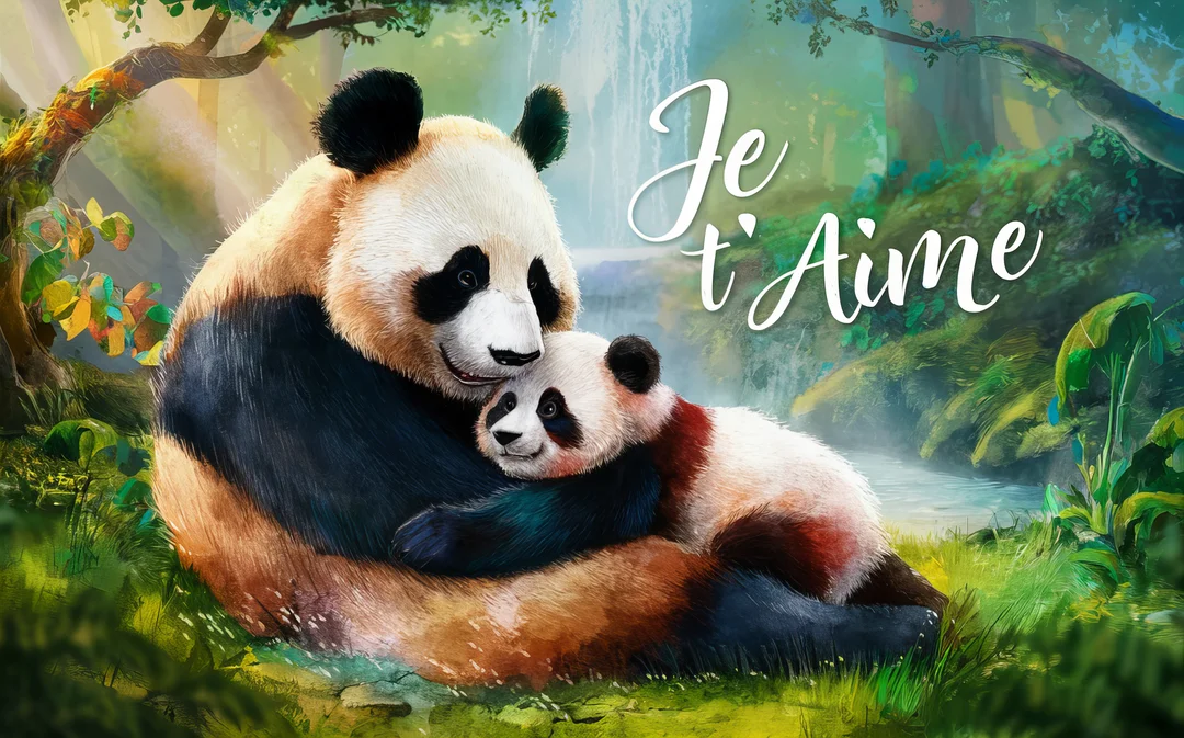 Une scène illustrée où une maman panda, assise, serre affectueusement son bébé panda contre elle dans un décor de forêt verdoyante avec une cascade.