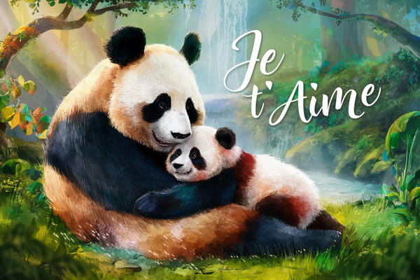 Une maman panda enlace tendrement son petit dans une forêt luxuriante, avec le message 'Je t'aime' inscrit en calligraphie blanche.