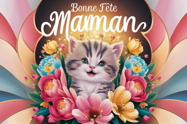 Carte de Fête des Mères avec un mignon chaton tabby souriant, entouré d'un bouquet de pivoines roses, bleues et jaunes.