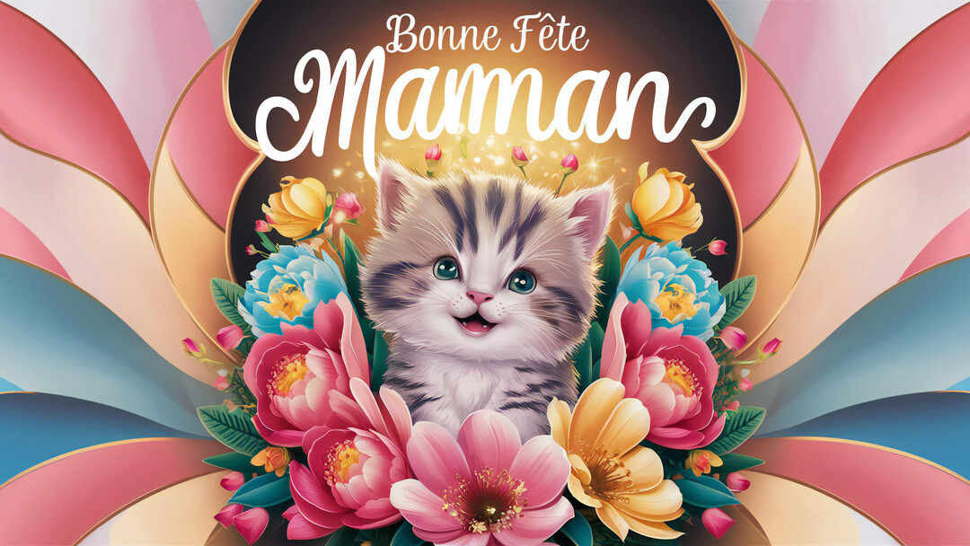 Illustration d'un adorable chaton au centre d'un bouquet de fleurs colorées, avec l'inscription 'Bonne Fête Maman' au-dessus sur un fond festif.