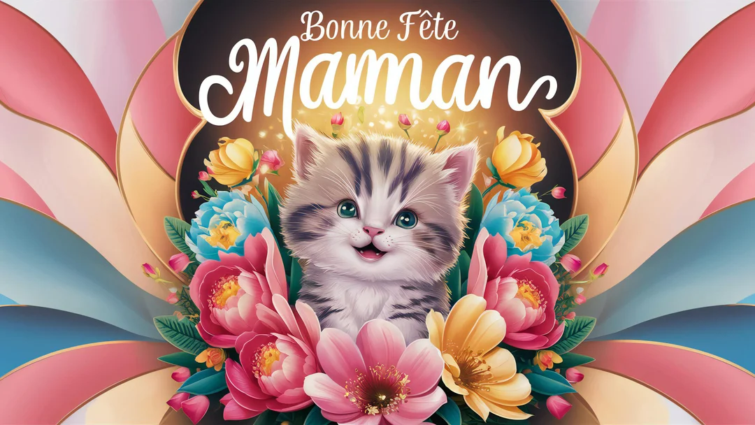 Illustration d'un adorable chaton au centre d'un bouquet de fleurs colorées, avec l'inscription 'Bonne Fête Maman' au-dessus sur un fond festif.