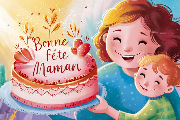 Illustration d'une maman et de son jeune fils souriant, tenant un gâteau sur lequel est écrit 'Bonne fête Maman'.