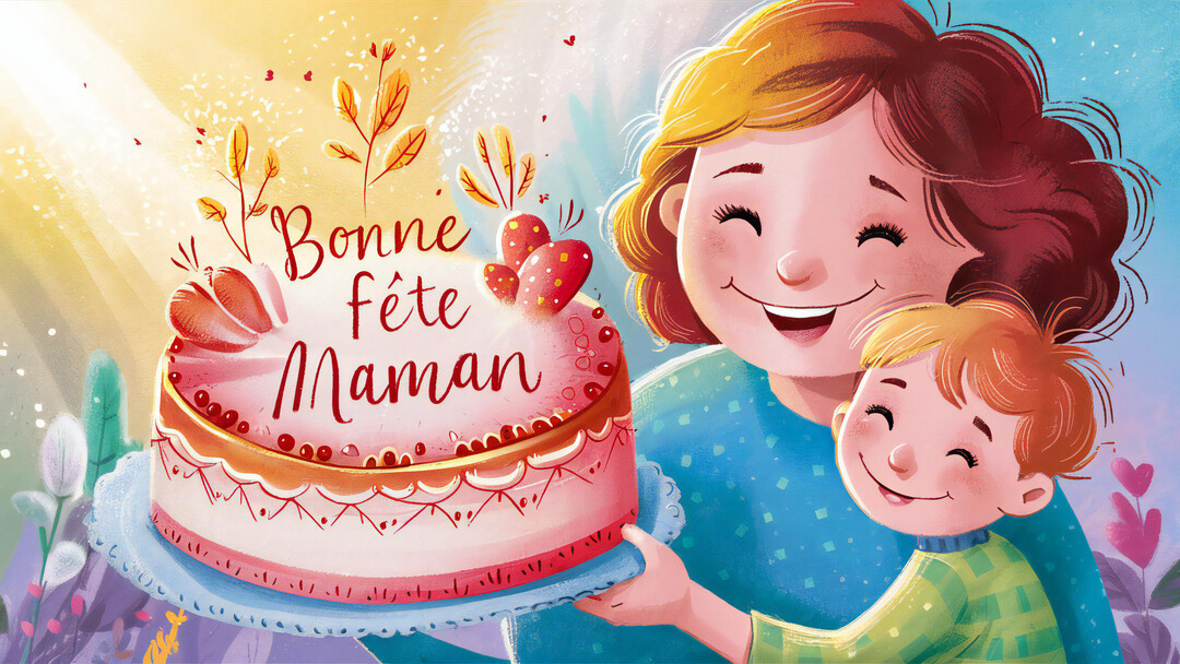 Une illustration colorée montre une mère et son jeune fils souriant joyeusement en tenant un gâteau de fête pour la Fête des Mères.