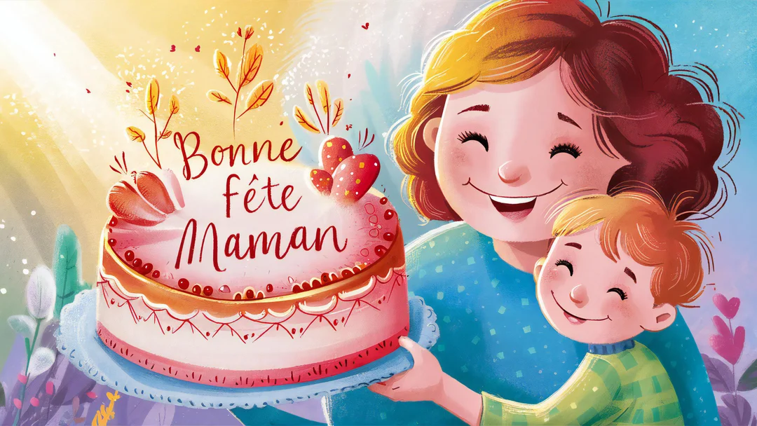 Une illustration colorée montre une mère et son jeune fils souriant joyeusement en tenant un gâteau de fête pour la Fête des Mères.
