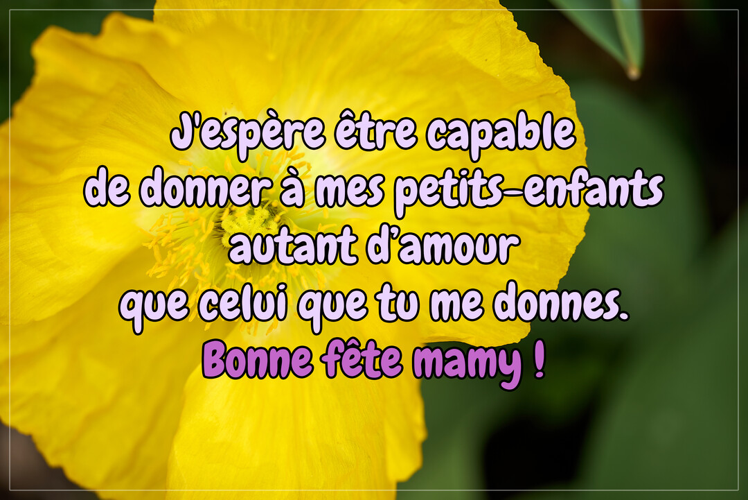 En gros plan, une grande fleur jaune aux pétales fins et au cœur fourni, sur laquelle est écrit un message touchant pour une grand-mère.