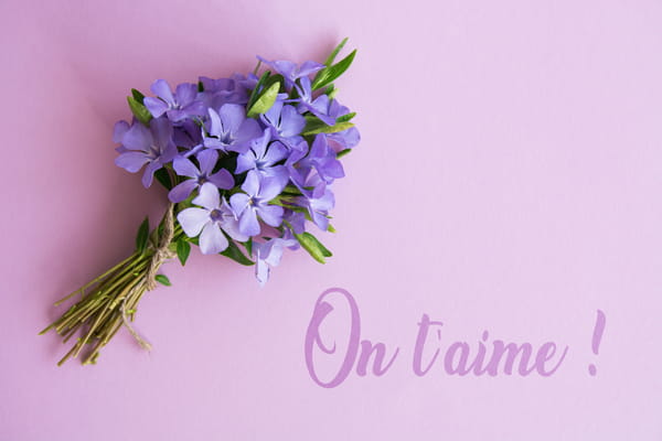 Carte pour la Fête des Grands-mères avec un bouquet de pervenches violettes et le message 'On t'aime !' calligraphié sur un fond de couleur lilas.