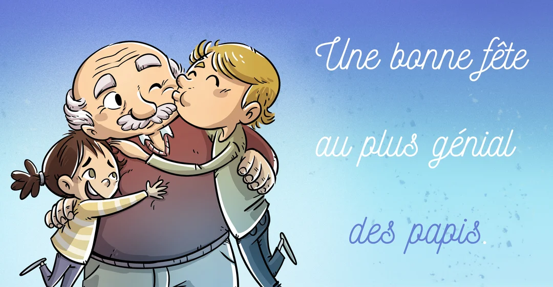 Un grand-père aux cheveux blancs est joyeusement enlacé par ses deux petits-enfants, un garçon lui faisant un bisou sur la joue.