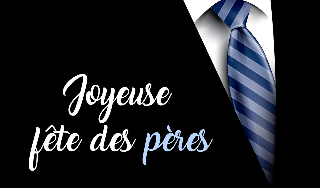 Une carte de vœux sobre pour la Fête des Pères, montrant une cravate à rayures bleues sur fond noir avec un texte manuscrit.