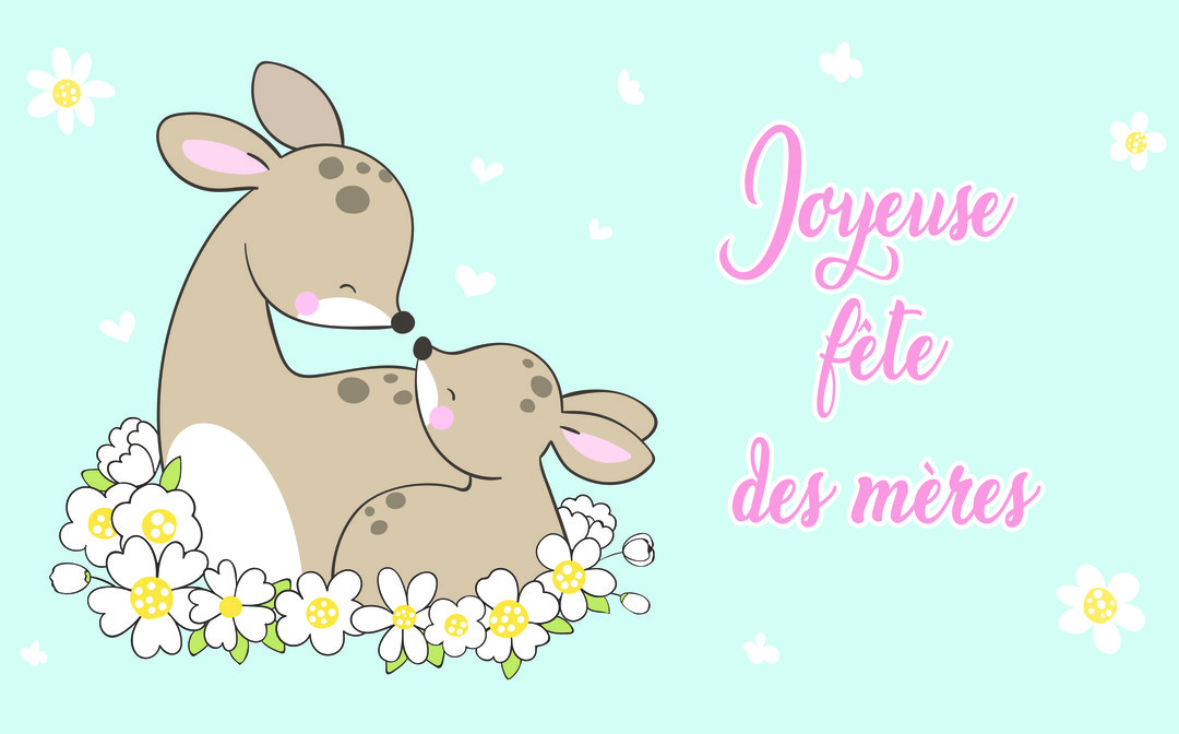 Une illustration représente une maman biche et son faon se touchant le nez, dans un parterre de fleurs, sur un fond bleu pastel.