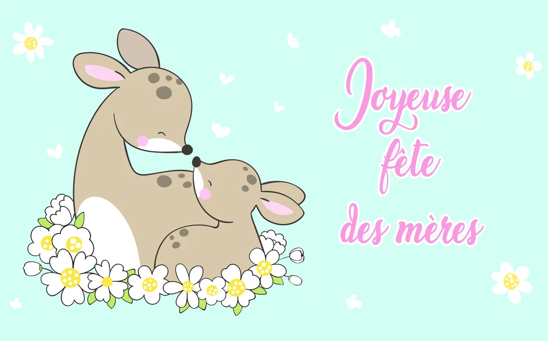 Une illustration représente une maman biche et son faon se touchant le nez, dans un parterre de fleurs, sur un fond bleu pastel.